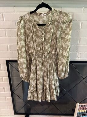 Blu Pepper Olive Green and Cream Floral Long Sleeve Dress
